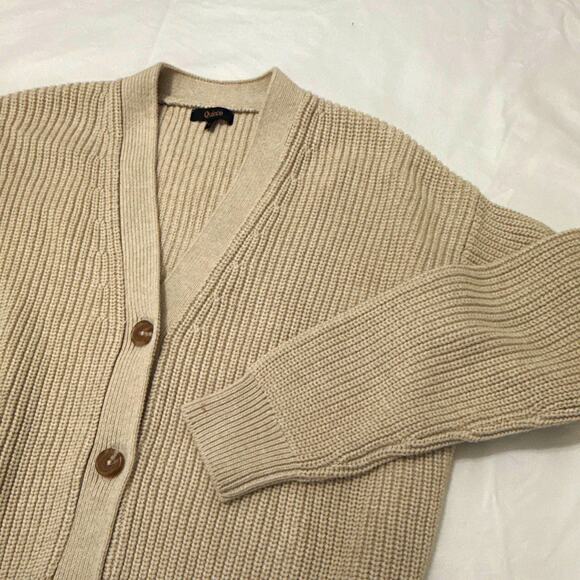 Quince Sweaters - Quince Women's Beige Solid Rib-Knit V-Neck Cottage Core Grany Cardigan Sweater S
